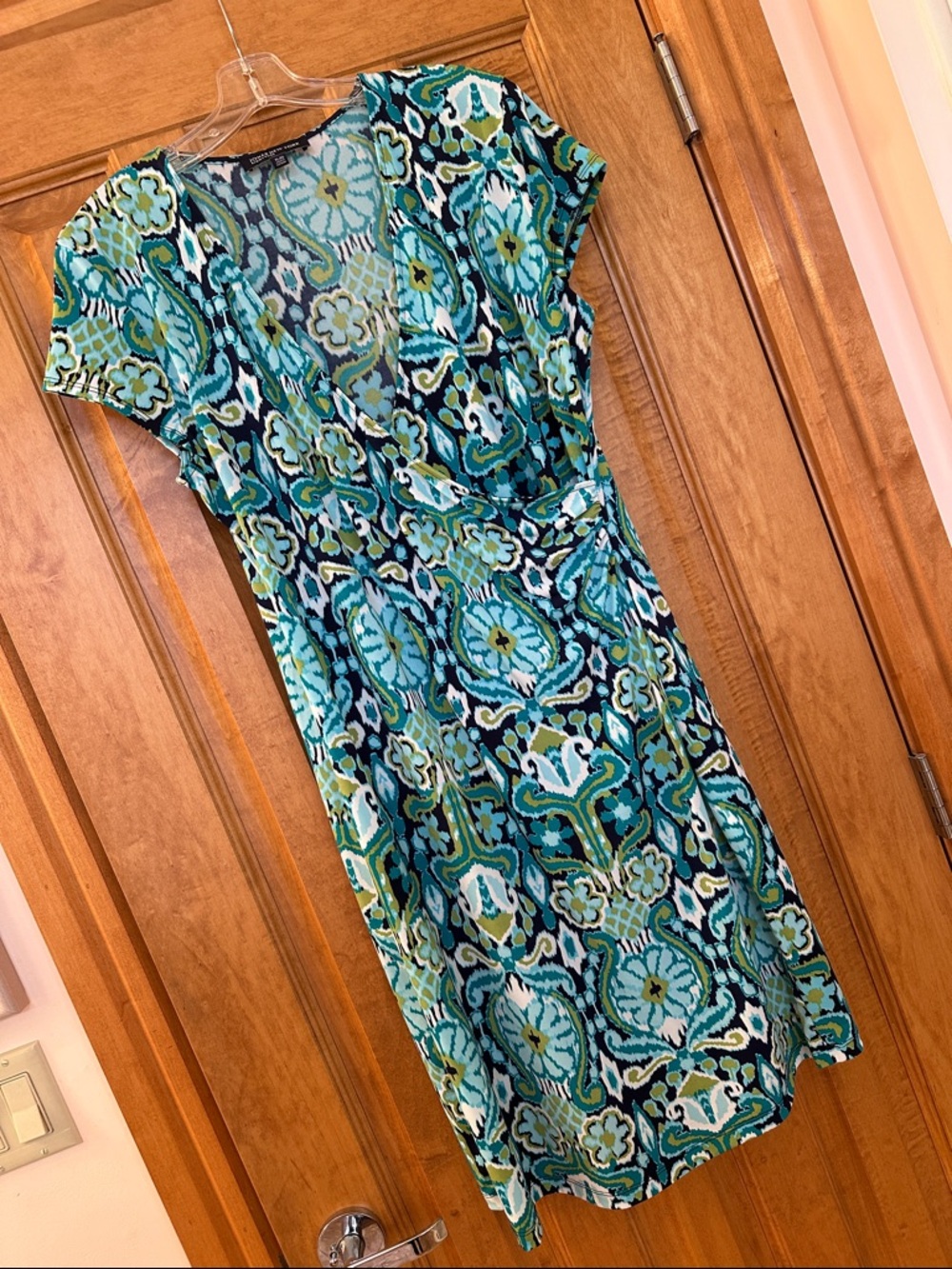 Blue-Green Ikat Printed Wrap Dress
